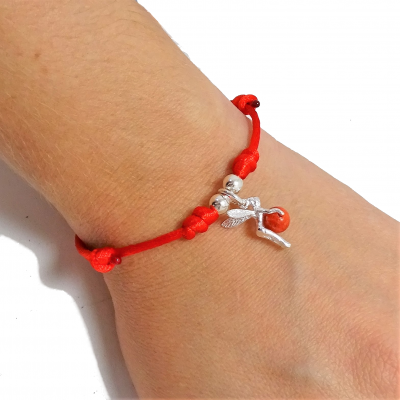 Pulsera hadita de la suerte Coral Rojo y plata de 1ª ley