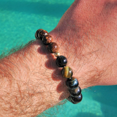 Pulsera hombre Ojo de Halcón, broncita y plata dorada de 1ª ley