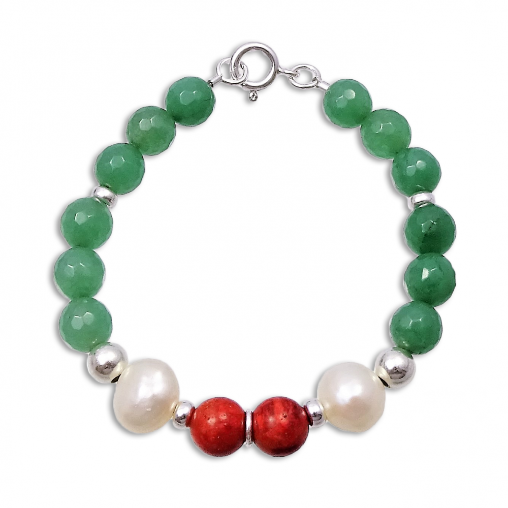 Pulsera Cuarzo Verde, Perlas, Coral Rojo y plata 1ª ley