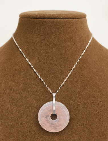 Colgante en forma de dónut de Cuarzo rosa natural y plata de primera ley