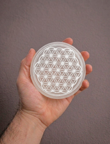 Disco de Selenita natural con grabado de Flor de la vida - En mano