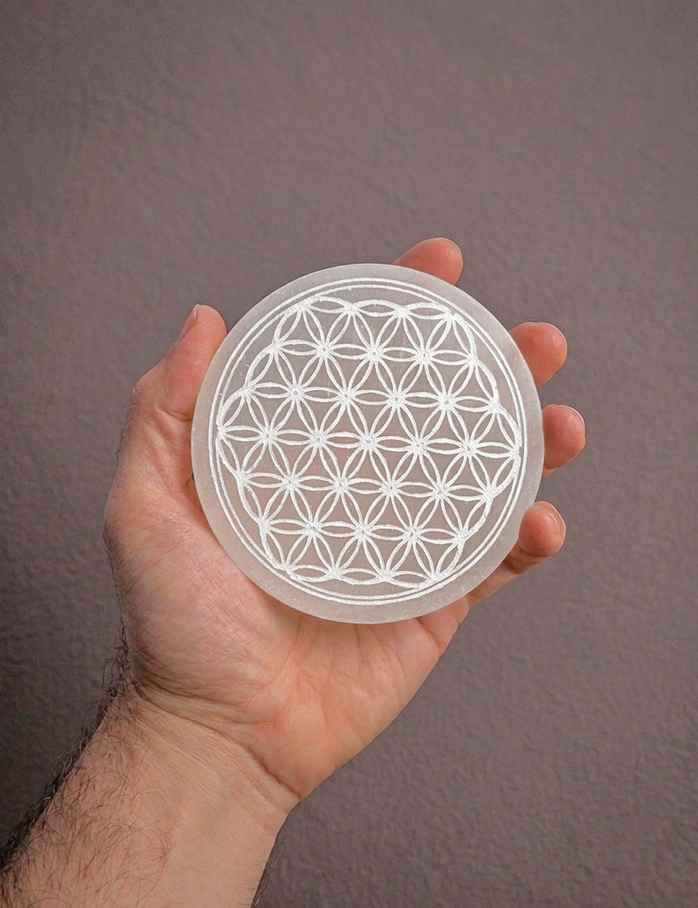 Disco de Selenita natural con grabado de Flor de la vida - En mano