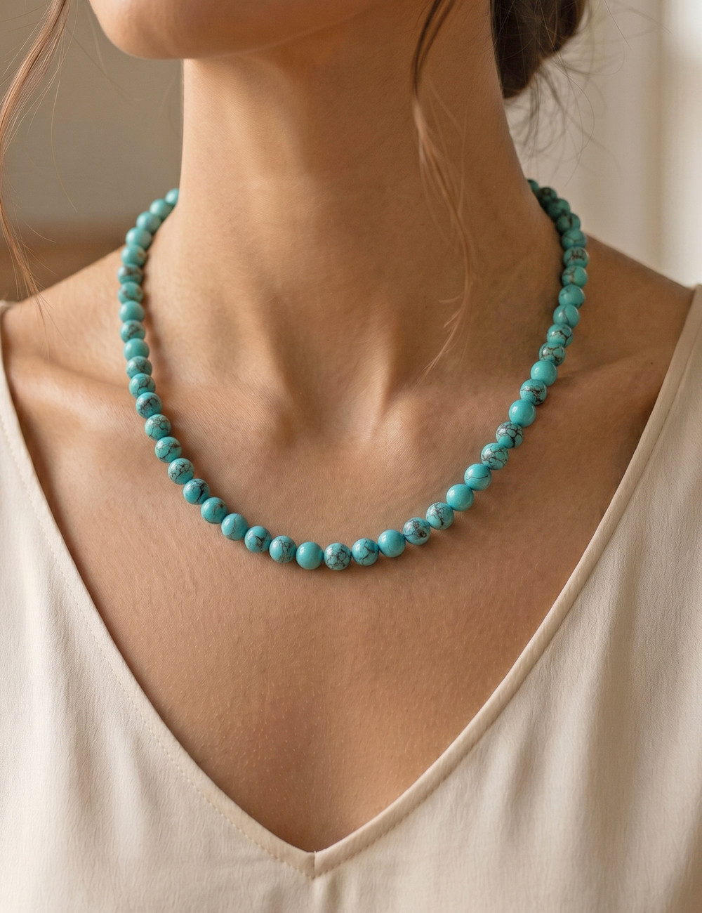 Collar de Turquesa natural en bolas de 8 milímetros y plata - Muestra de uso