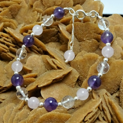 Pulsera de Cuarzo Rosa, Amatista, Cuarzo Cristal de Roca y plata 1ª ley