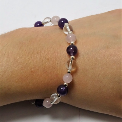 Pulsera de Cuarzo Rosa, Amatista, Cuarzo Cristal de Roca y plata 1ª ley