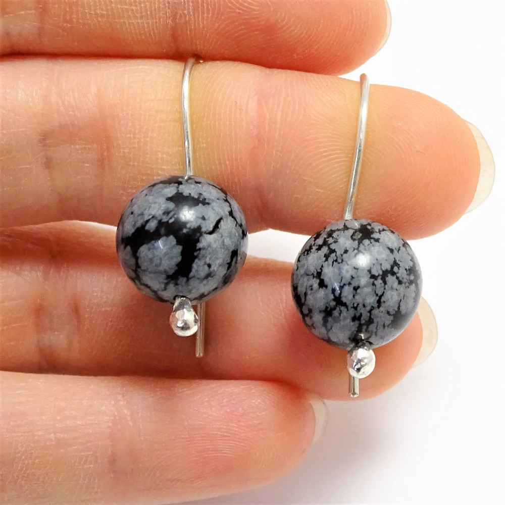 Pendientes de Obsidiana nevada  bola de 12 mm y plata de 1ª ley