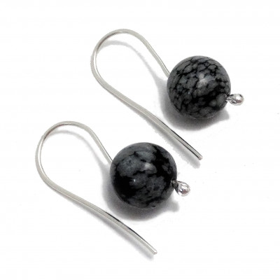 Pendientes de Obsidiana nevada  bola de 12 mm y plata de 1ª ley